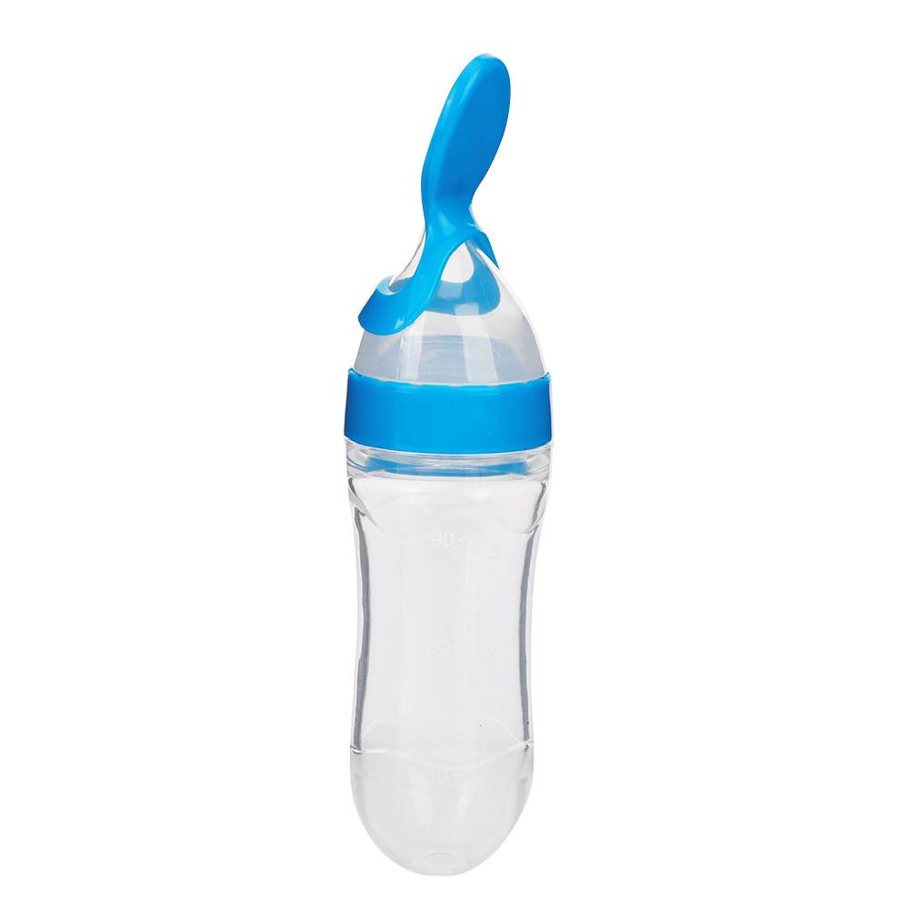 90ml Silicone Baby Toddler Feeding Bottle with Spoon Fresh Food Cereal Squeeze FeederBlue
