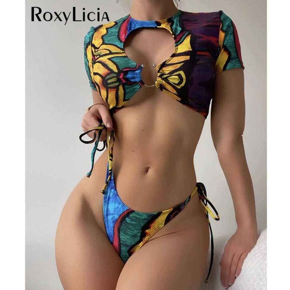 Сексуальный бикини с короткими рукавами и вырезами, женский купальник, женский купальник из двух частей, комплект бикини, купальный костюм для плавания