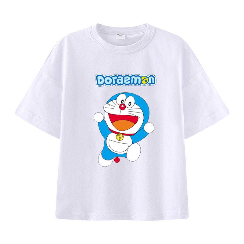 Pure Cotton Childrens Shortsleeved Tshirt for Summer Boys and Girls Halfsleeved Childrens Clothing with Doraemon Pattern