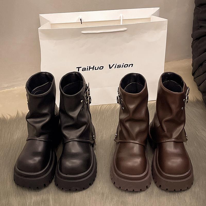 Обувь женская 2024 года, горячая распродажа, женские сапоги до середины икры, лаконичные современные сапоги, женские, с пряжкой на ремне, с круглым носком, со средним каблуком, с боковой молнией, женские