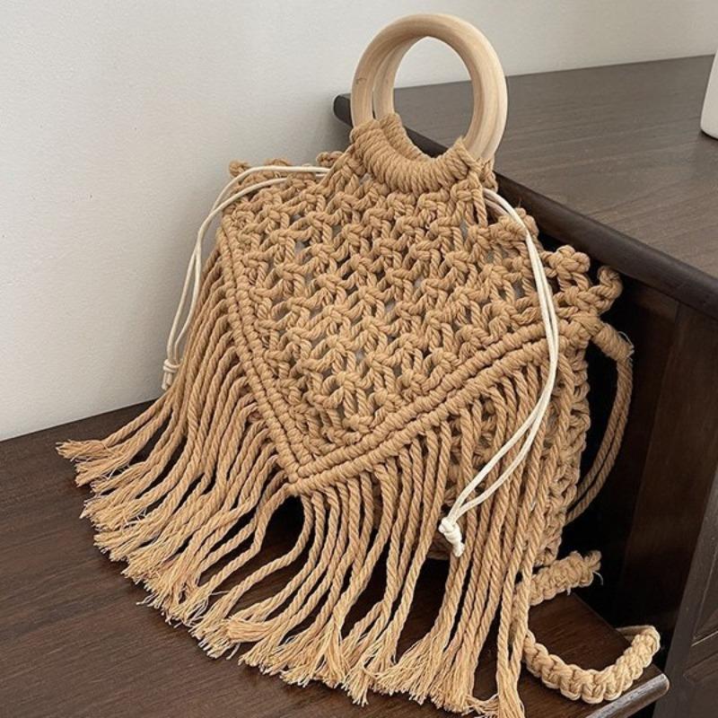 Boho Fringe Woven Bag Summer Fashion Hollowed Out Tote Pastoral Crossbody Shoulder Bag