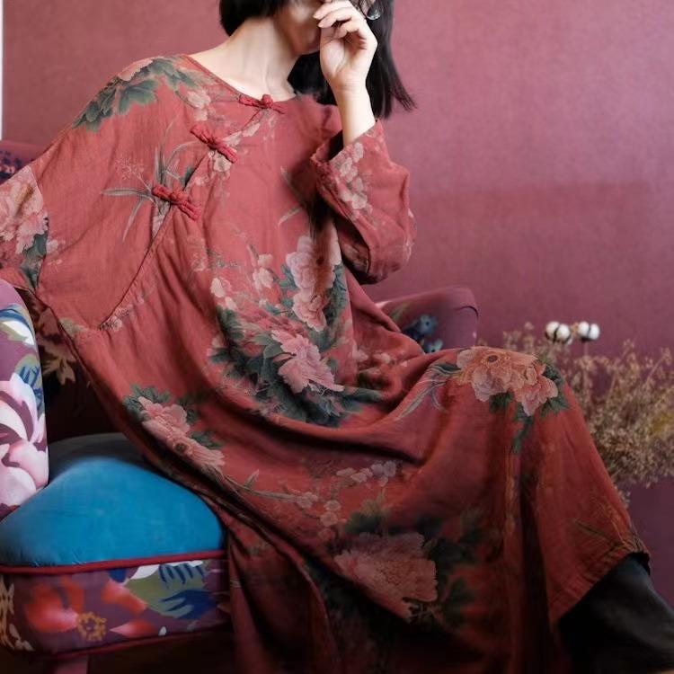 Johnature Женское винтажное синее платье с цветочным принтом, хлопковое мягкое платье с длинными рукавами, весеннее женское платье на пуговицах в китайском стиле