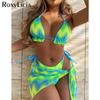 Tie Dye Halter Ruffled Bikini Female Swimsuit Women Swimwear Three-pieces Bikini Set With Sarong Bather Bathing Suit Swim