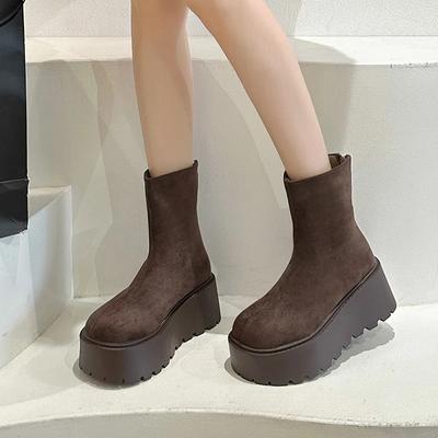 Модные женские зимние ботинки на толстой подошве, нескользящие, с круглым носком, сохраняющие тепло, с молнией сзади, на платформе, замшевые, на высоком каблуке, однотонные ботильоны