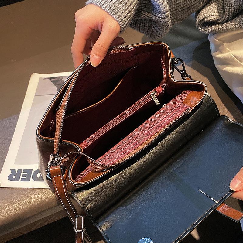 New Oil Wax Cowhide One-shoulder Diagonal Strap Bag Genuine Leather Women's Bag Crocodile Pattern Fashionable Temperament Women's Handbag