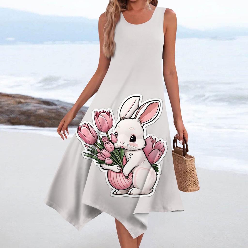 Women's Casual Fashion Round Neck Sleeveless Print Irregular Hem Midi Dress