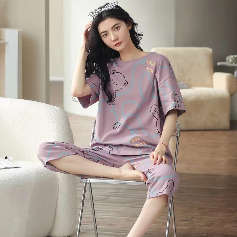 Lounge Sleepwear O-Neck Sleeping Breathable Girls Summer Cartoon Print T-shirt Crop Pants Set Daily Wear