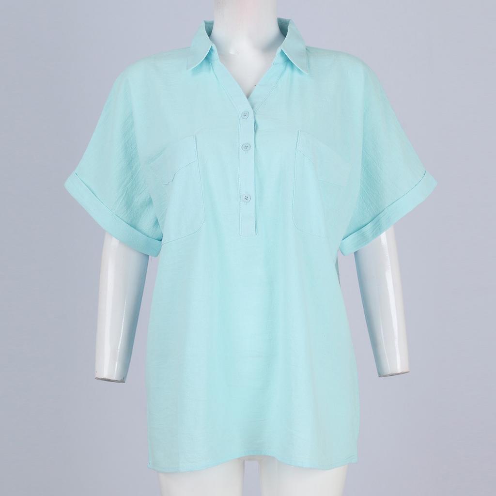 Женская новая однотонная рубашка-пуловер с короткими рукавами и двойными карманами, свободная хлопково-льняная рубашка