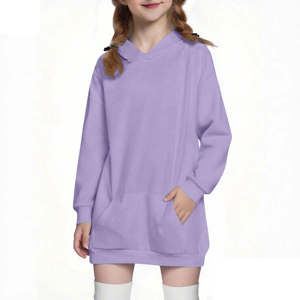 Children's Fashion Solid Color Long Sleeved Hooded Sweatshirt Girls' Mid Length Hoodie Top