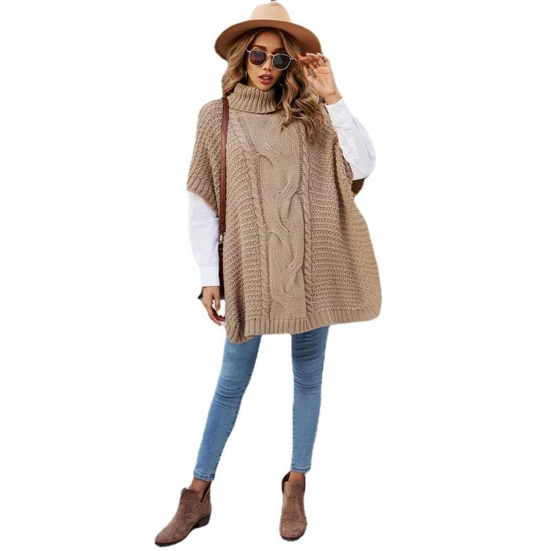 High Neck Knitted Shawl Crochet Fried Dough Twists Pattern Women's Loose Pullover Half Sleeved Sweater Casual Thick Warm Knitwear Autumn and Winter