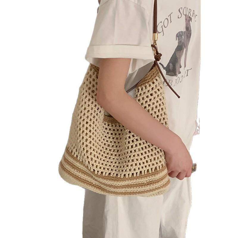 Mori Hollow Woven Bag Female, Lazy Wind Ins Korean Literary Tote Bag Beaded Large-capacity Shoulder Straw Bag