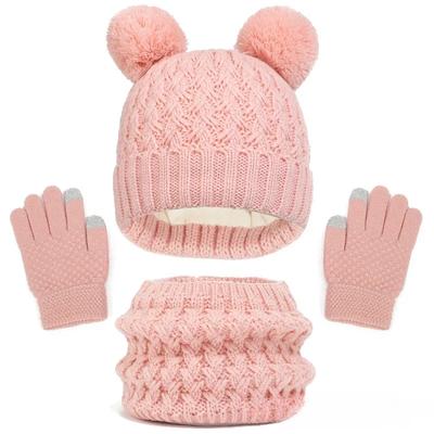 PomPom Knit Kids Beanie Scarf Sleeves Set for Boys Girls Winter Hats Cute Fleece Kids Beanie Hats Knited Necker Warmer 3PCS