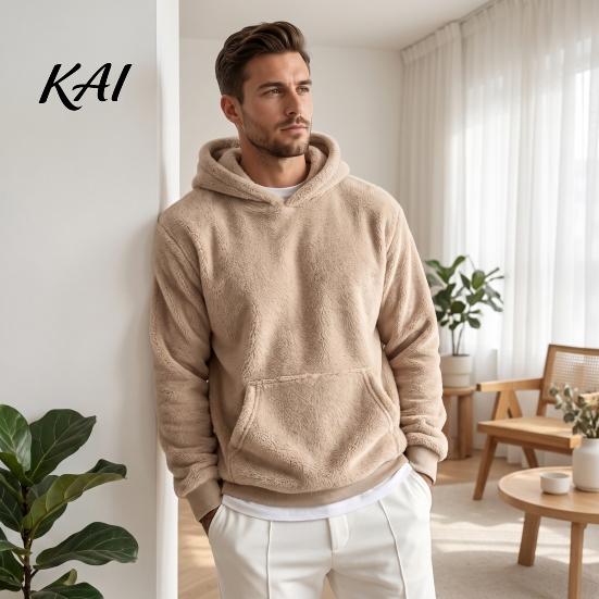 Soft Velvet Hooded Sweatshirt Men Plush Hoodie, Teddy Fleece Pullover with Kangaroo Pocket, Loose Warm Autumn Winter Apparel Fit Fuzzy Jumper