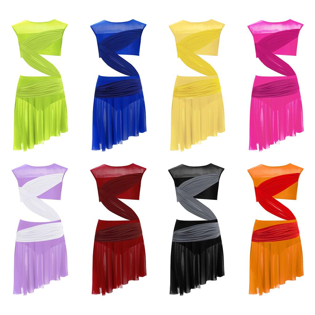 Платье для лирического танца для девочек, цельное, без рукавов, с прозрачной сетчатой вставкой, лоскутное, с асимметричным подолом, костюм для выступления