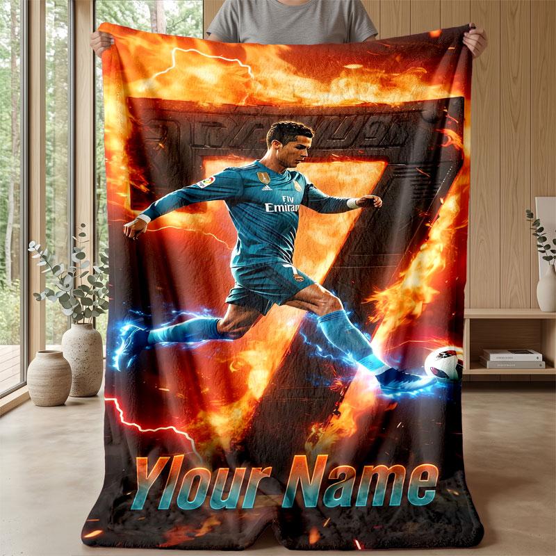 Cristiano Ronaldo Custom Name Text Flannel Blanket Soccer Logo Personalized Fleece Throw Blanket Special Gift For Sofa Bedroom Home