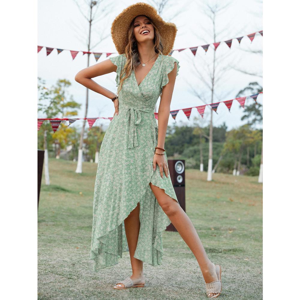 Summer Dress Vneck Bohemian Womans Straps Large Hem Dress Vacation Dress