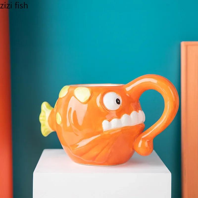 Cartoon Ocean Animal Water Cup Lantern Fish Ceramic Mug Coffee Cups Large Capacity Breakfast Cups Milk Tea Cup Flowerpot Tea Mug