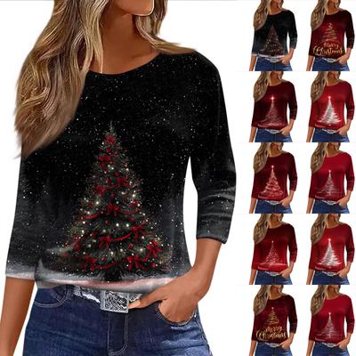 Женская Мода Повседневный Рукав Три Четверти Рождественский Принт Горловина Топ