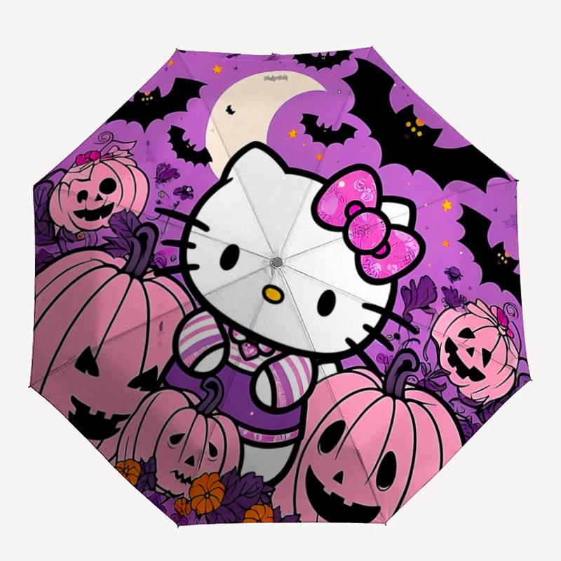 1pc Halloween Hello Kitty Automatic Folding Umbrella - Portable 3-Fold Design with 8-Bone Iron Frame, Perfect Holiday Gift for Fans, Travelers, Everyd