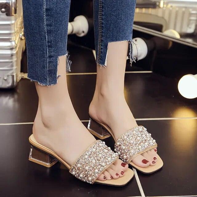 Comemore 2024, дизайнерские шлепанцы со стразами и блестками, роскошные нескользящие женские тапочки на квадратном каблуке, новые модные сандалии с узлом-бабочкой