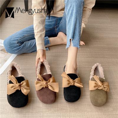 Модные балетки из нубука из коровьей кожи женские с шелковым бантом, меховые лоферы, женские плюшевые зимние туфли больших размеров 35-42, мокасины из натуральной кожи