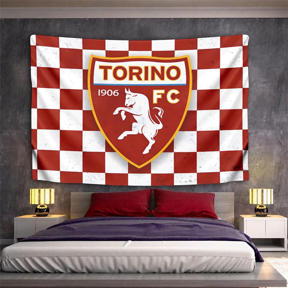 Red and white checkered background with a Torino FC logo featuring a horse. Patterned tapestry for bedroom and living room home decor