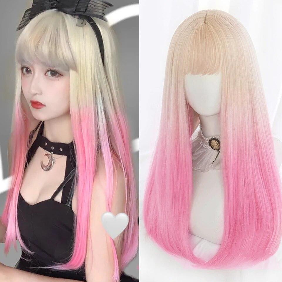 Синтетический длинный прямой розовый парик женский косплей парик с челкой термостойкое волокно повседневные накладные волосы для вечеринок