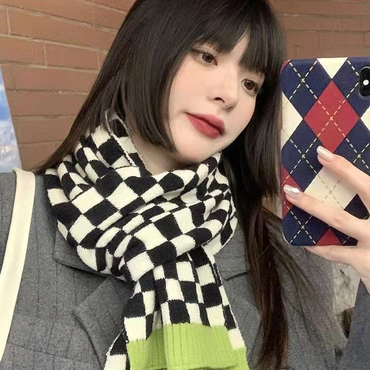 New Korean Style Checkerboard Scarf for Women Trendy Cotton Warm Thickened Scarf for Men Winter