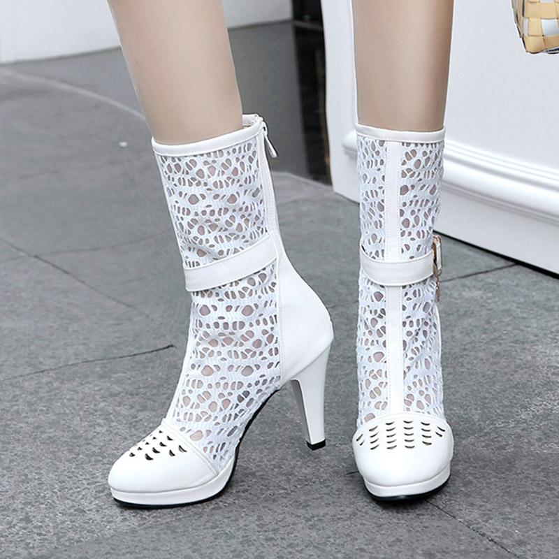 Q/женские короткие сапоги на высоком каблуке, сексуальная водонепроницаемая платформа, большие классные ботинки на тонком каблуке с полыми отверстиями