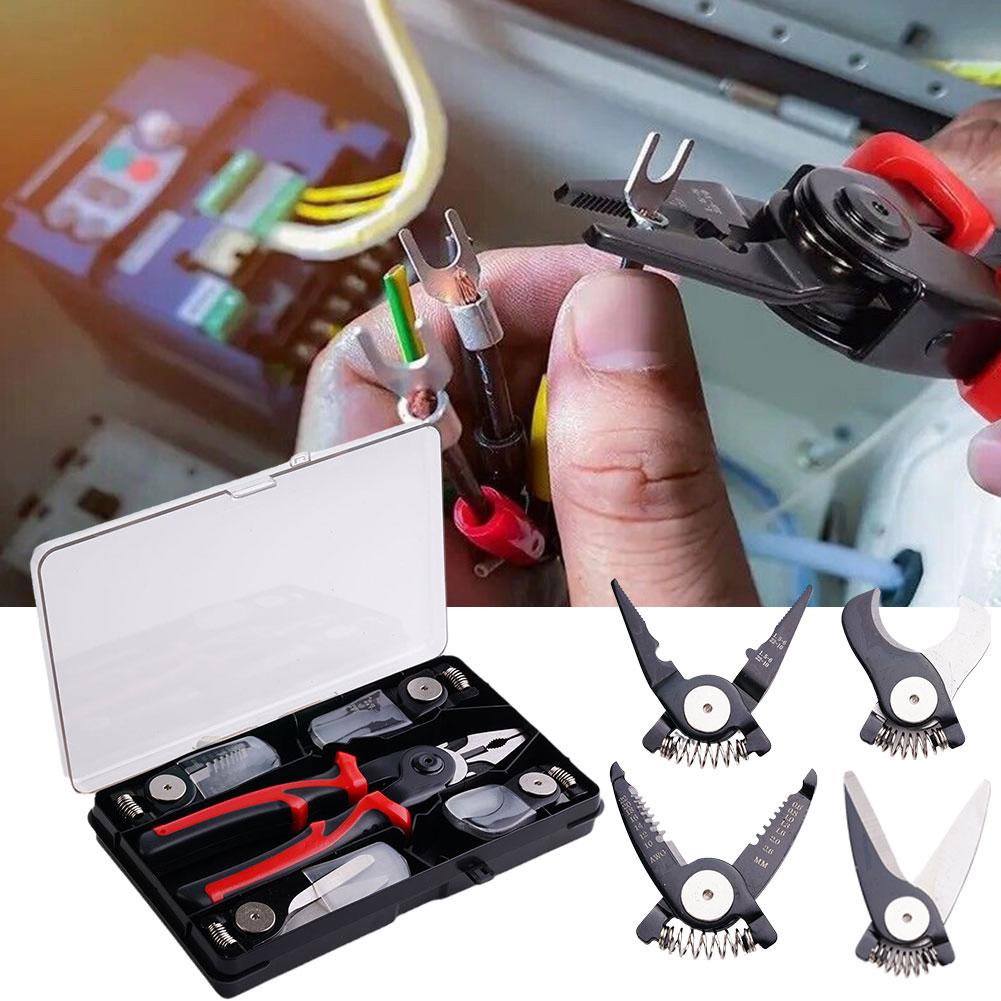 5-in-1 Multi-functional Head Changing Pliers Special Suit for Cutting, Stripping and Crimping Electricians