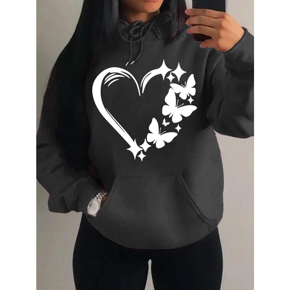 Худи с принтом «Любовь и Бабочки» Женские Уличные Худи Модные Карманные Одежда Винтажное Многоцветное Худи