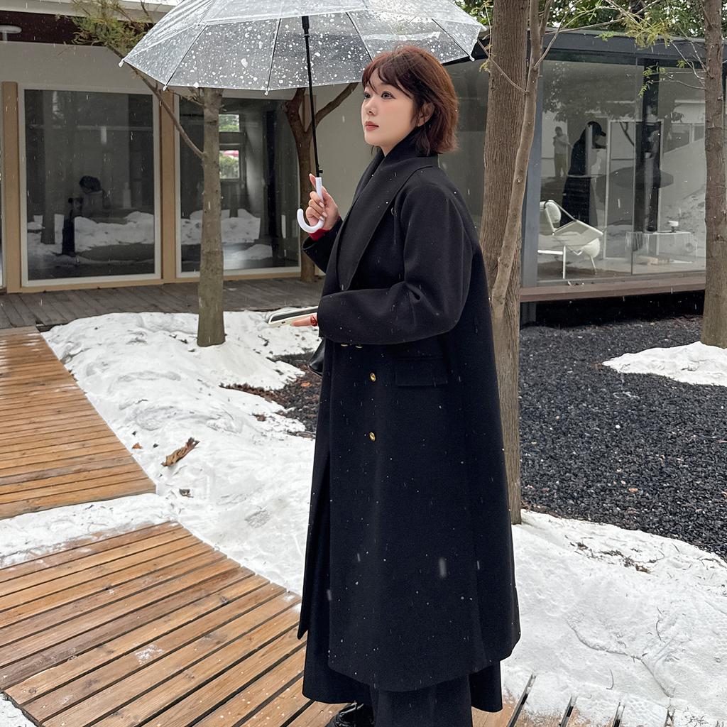 Large size women's temperament black woolen coat winter Hepburn style long trench coat jacket 413628