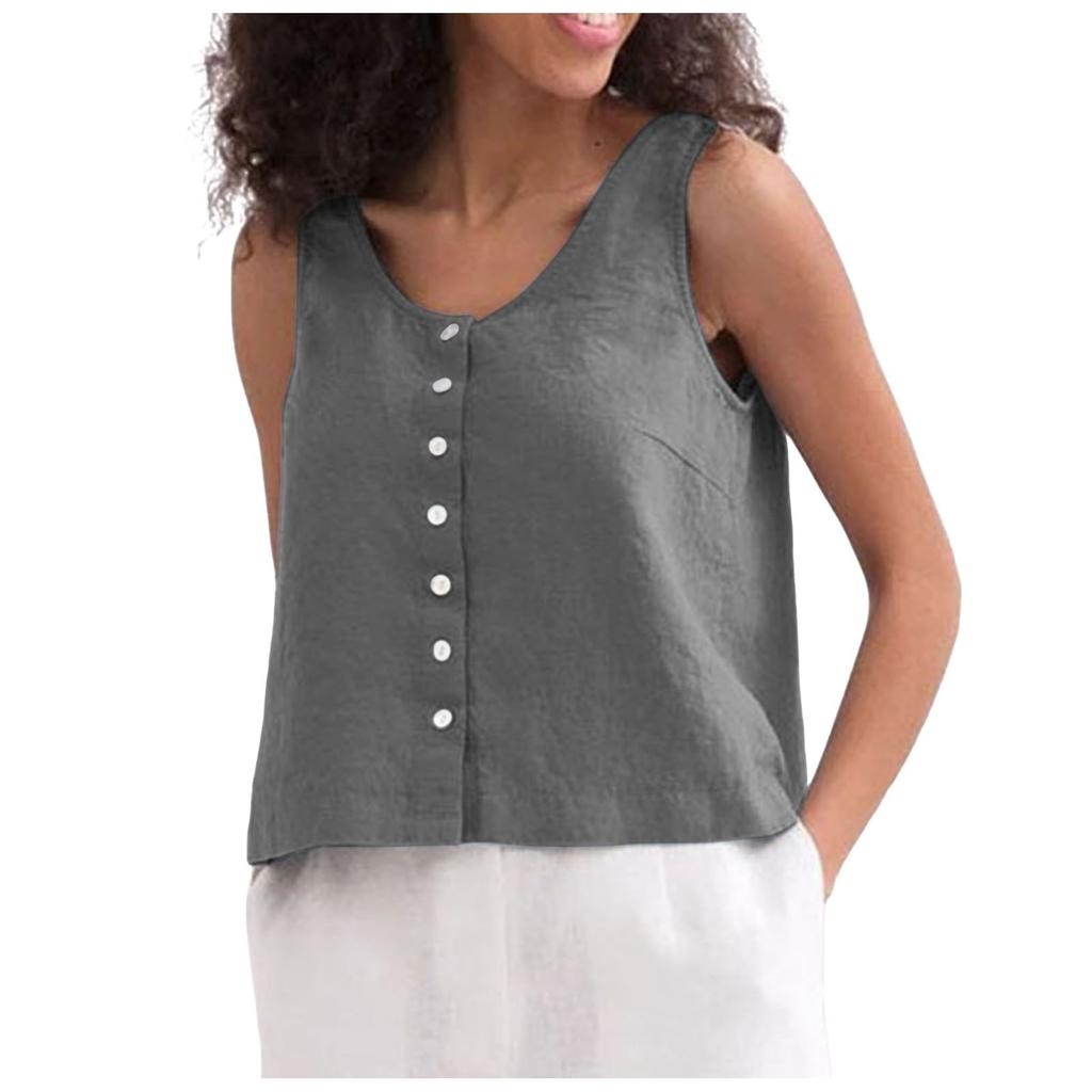 Модный свободный однотонный топ на пуговицах без рукавов Somen's Top