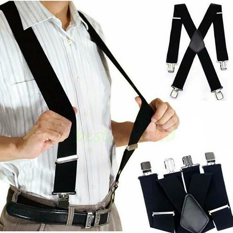 Gentle Men Black Elastic Suspenders Leather Braces X-Back Adjustable Clip-on