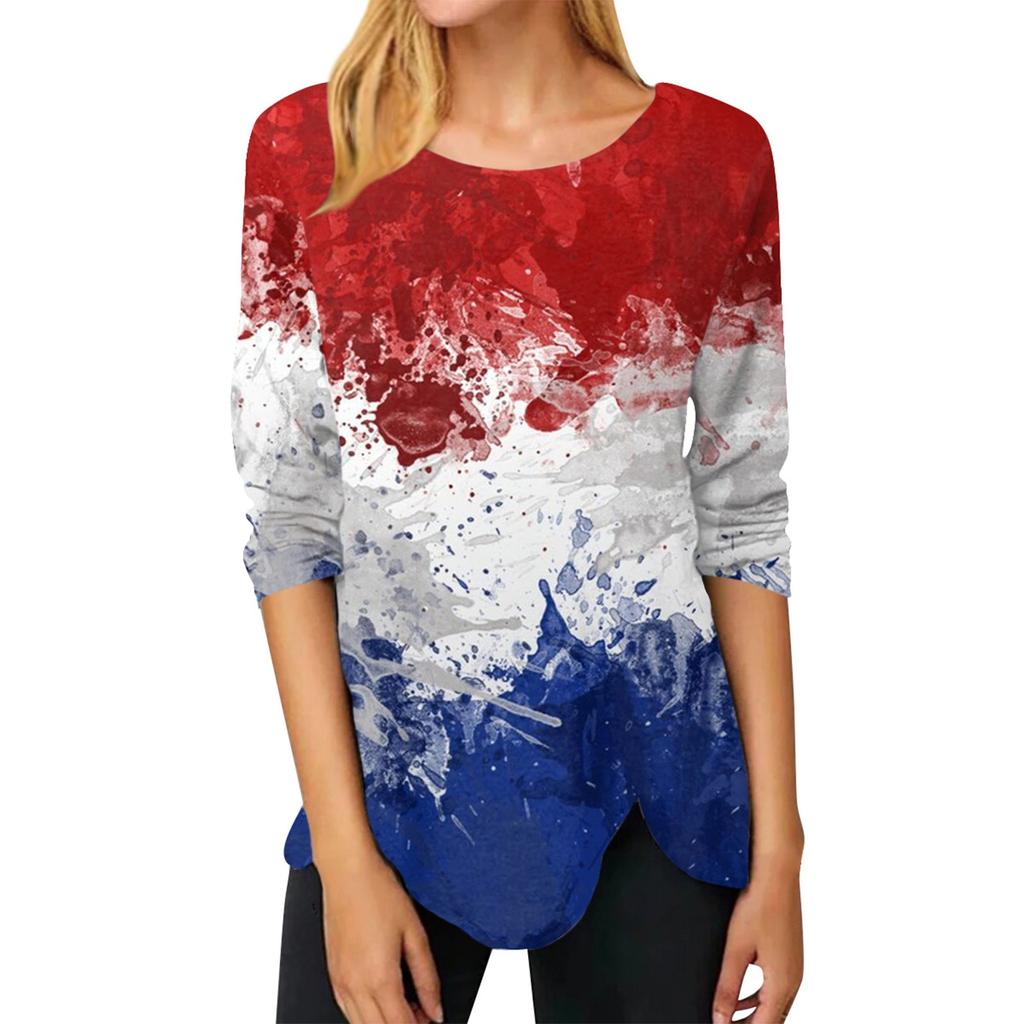Женская модная повседневная футболка с длинными рукавами и круглым вырезом в честь Дня независимости, нестандартного цвета, футболка с длинными рукавами с принтом, топ