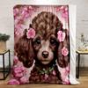 Brown Puppy with Pink Flowers Design Patterned Flannel Blanket Perfect for the Bedroom Living Room, Sofa, or a Little Nap