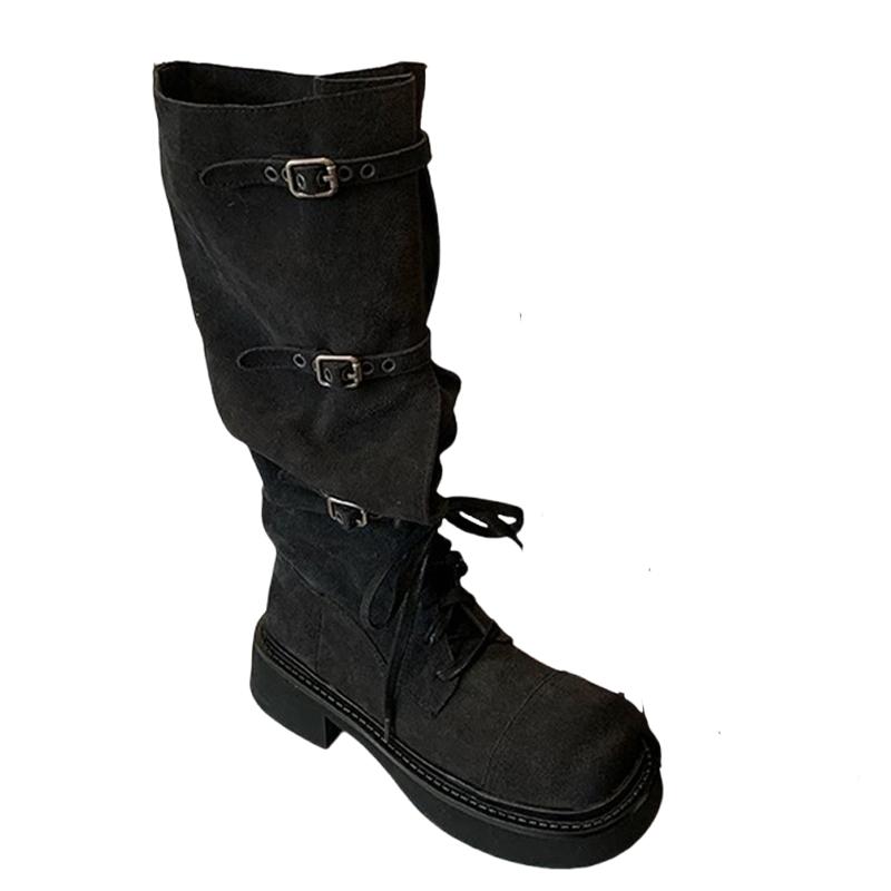 Модные высокие сапоги женские зимние дизайнерские туфли на плоской подошве шнуровка модные сапоги до колена 2025 новые уютные для платья готические челси ботильоны женские