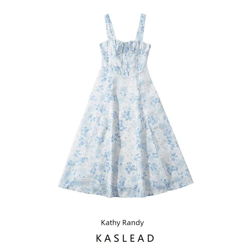 Kaslead New Arrival Women's Fashion Style Print Sexy Suspenders Midi Dress Lace-up Waist-Controlled Slim Looking Dress
