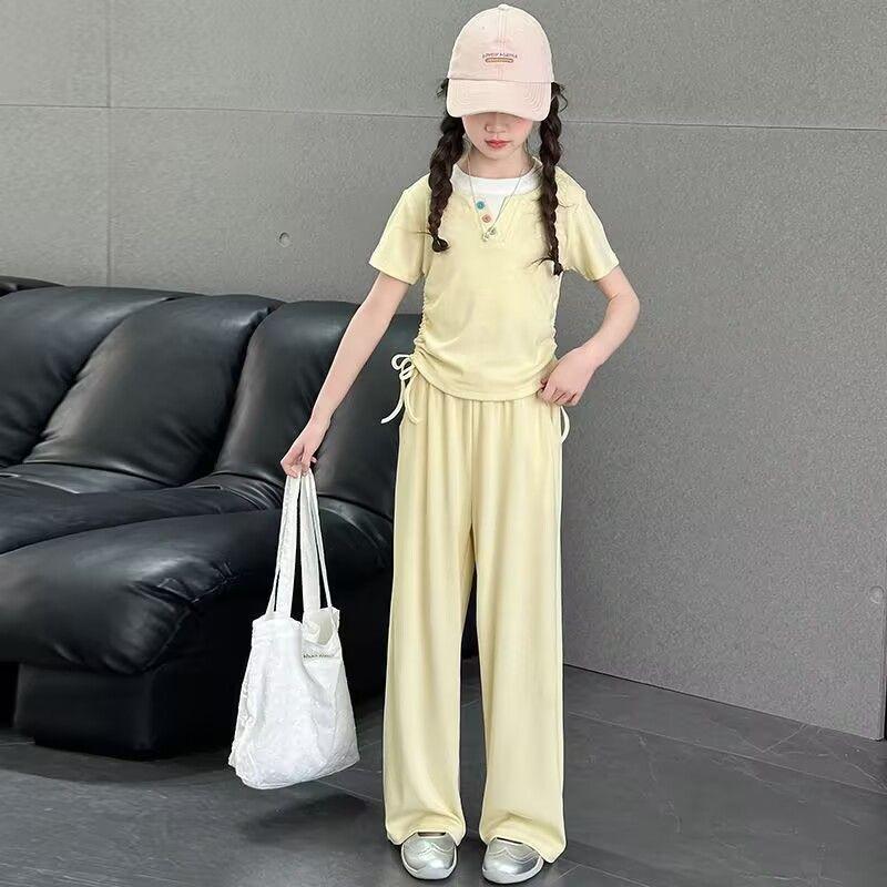 Girls' Summer Set Fashionable and Casual Children's Summer Short Sleeved Wide Legged Long Pants Two-piece Set
