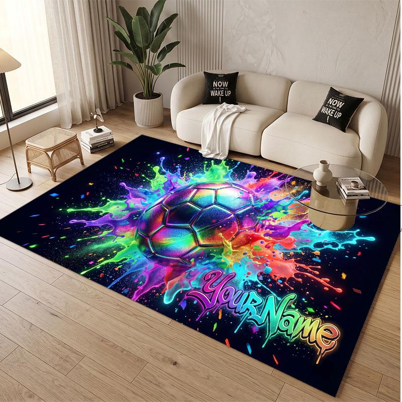 Soccer Theme Soft Crystal Velvet Rug Custom Name & Text Print Non Slip Floor Rug for Bedroom Living Room