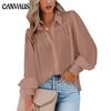 Spring and Autumn Women's Shirt Buckle Top Lantern Sleeve Pleats Solid Color Stand Collar Loose Shirt Long Sleeve Women's Blouse