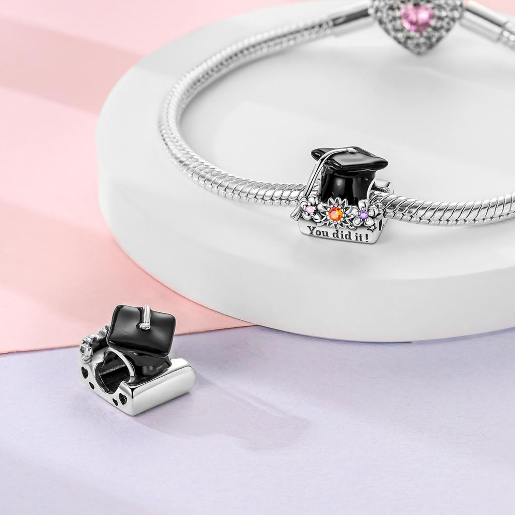 Graduation Charm Copper Mortarboard Owl Flower Beads Fit Bracelet Pendant Diy Woman Jewelry Gift