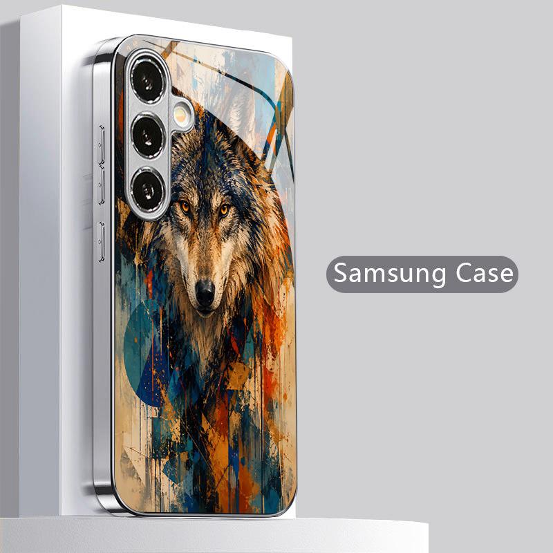 Крутой рисунок волка 2D Чехол для телефона Samsung S26 S25 S24 S23 S22 S21 S20 A56 A36 A16 Электрооцинкованный Стеклянная Защитная Крышка