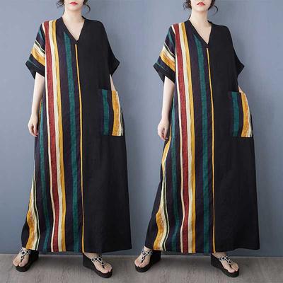 Летнее тонкое хлопковое платье с V-образным вырезом, короткими рукавами и контрастной вставкой для женщин