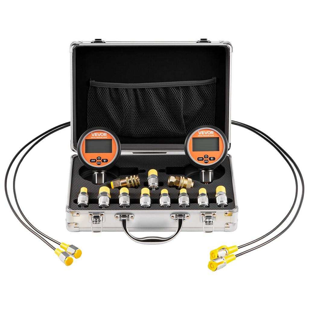 VEVOR Digital Hydraulic Pressure Test Coupling Kit, 700 Bar Pressure Gauge Manometer Tester with 2 Gauges, 9 Test Couplings, 2 Quick-Release Couplers