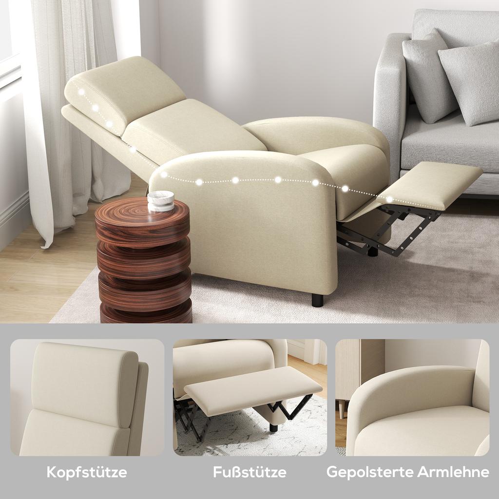 Relax Armchair TV Chair Foldable Footrest Reclining Up To 160 degrees 64 X 86 X 102 Cm Cream