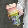 Thermal Mug 500ml Insulated Travel Mug Flower Pattern Double Drink Modes Water Bottle With Lanyard And Lid Leak-Proof Cup For