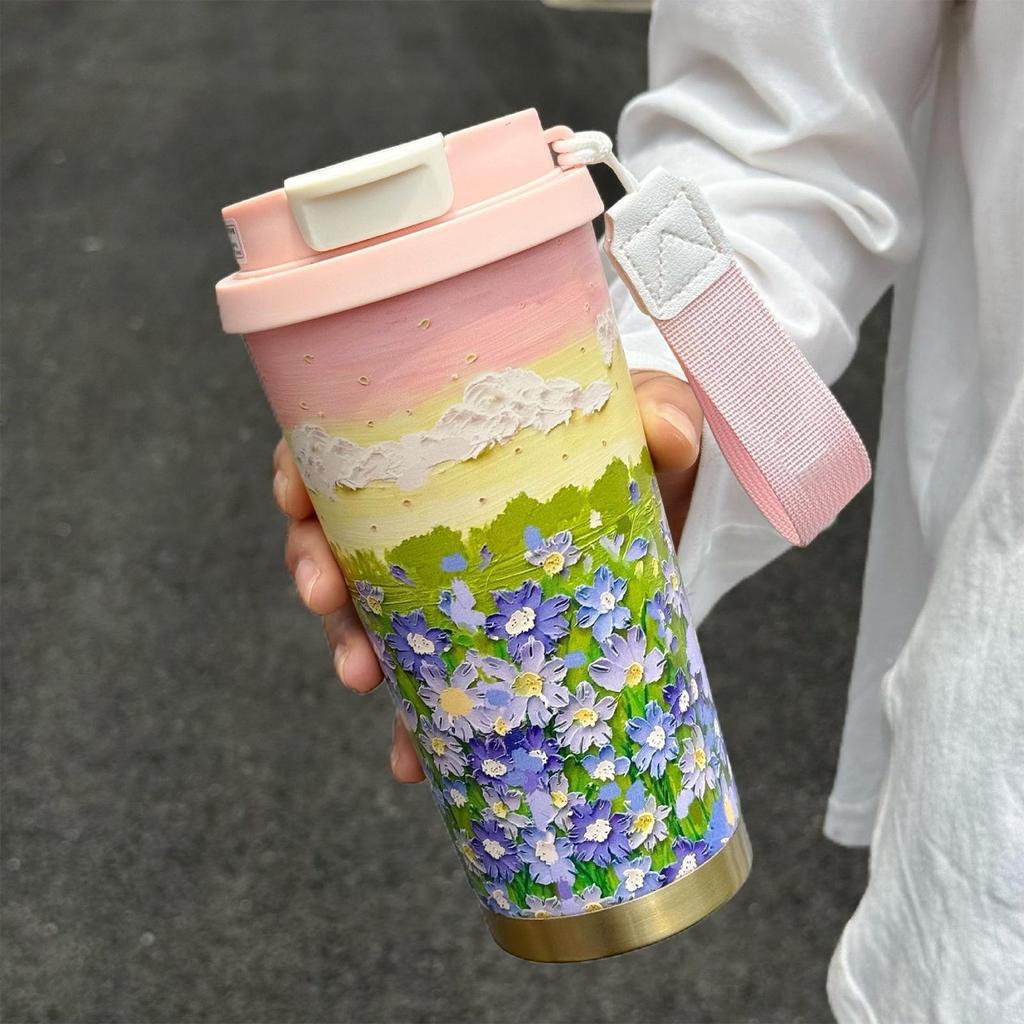 Thermal Mug 500ml Insulated Travel Mug Flower Pattern Double Drink Modes Water Bottle With Lanyard And Lid Leak-Proof Cup For