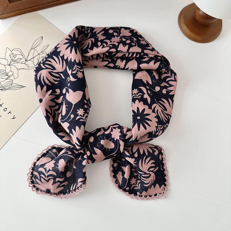 70% Cotton Linen Small Square Silk Scarf - Korean Style Floral Design for Versatile Neckwear and Decorative Use