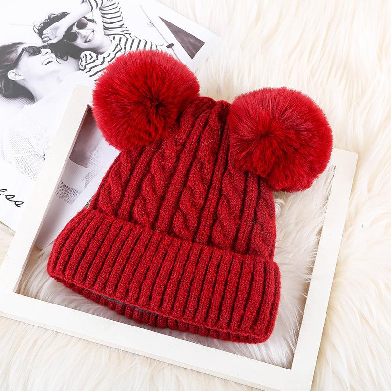 Hat Women's Winter Adult Plus Velvet Double Fur Ball Pullover Woolen Hat Korean Version Cute Cold Hat Personalized Warm Knitted Hat